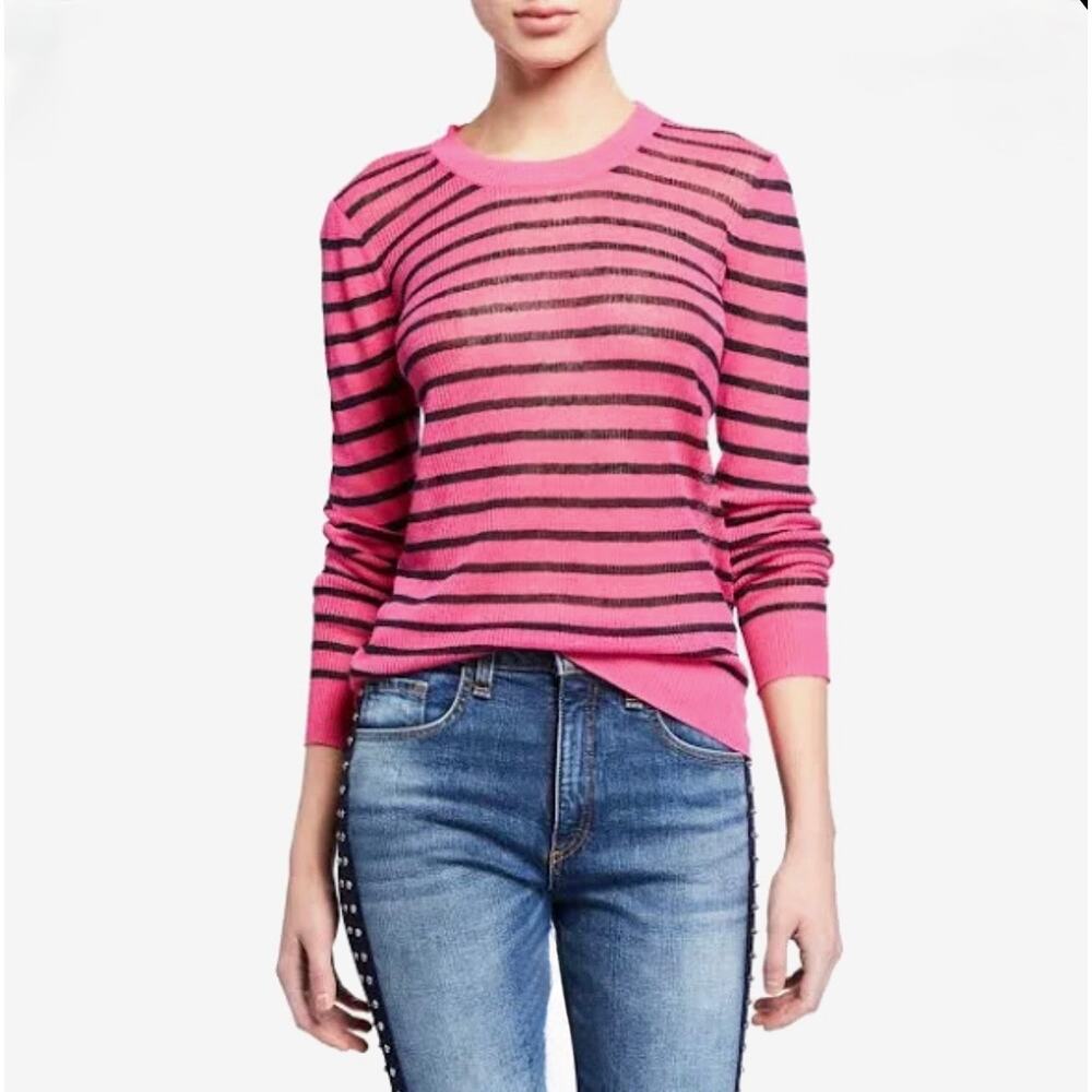 Veronica Beard Dean Sweater Pink Black Striped  Knit Linen Blend Crewneck Size M